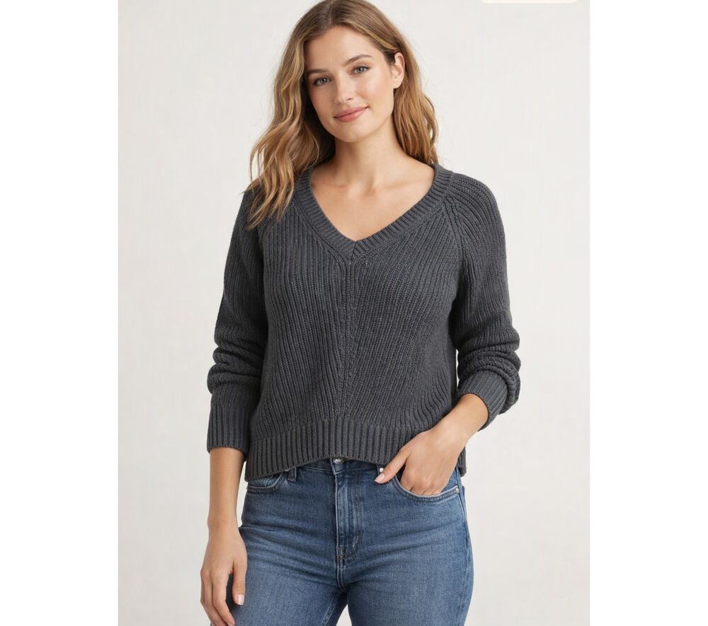 Marine Layer Ezra Charcoal Gray 100% Cotton Ribbed V-Neck Sweater Small